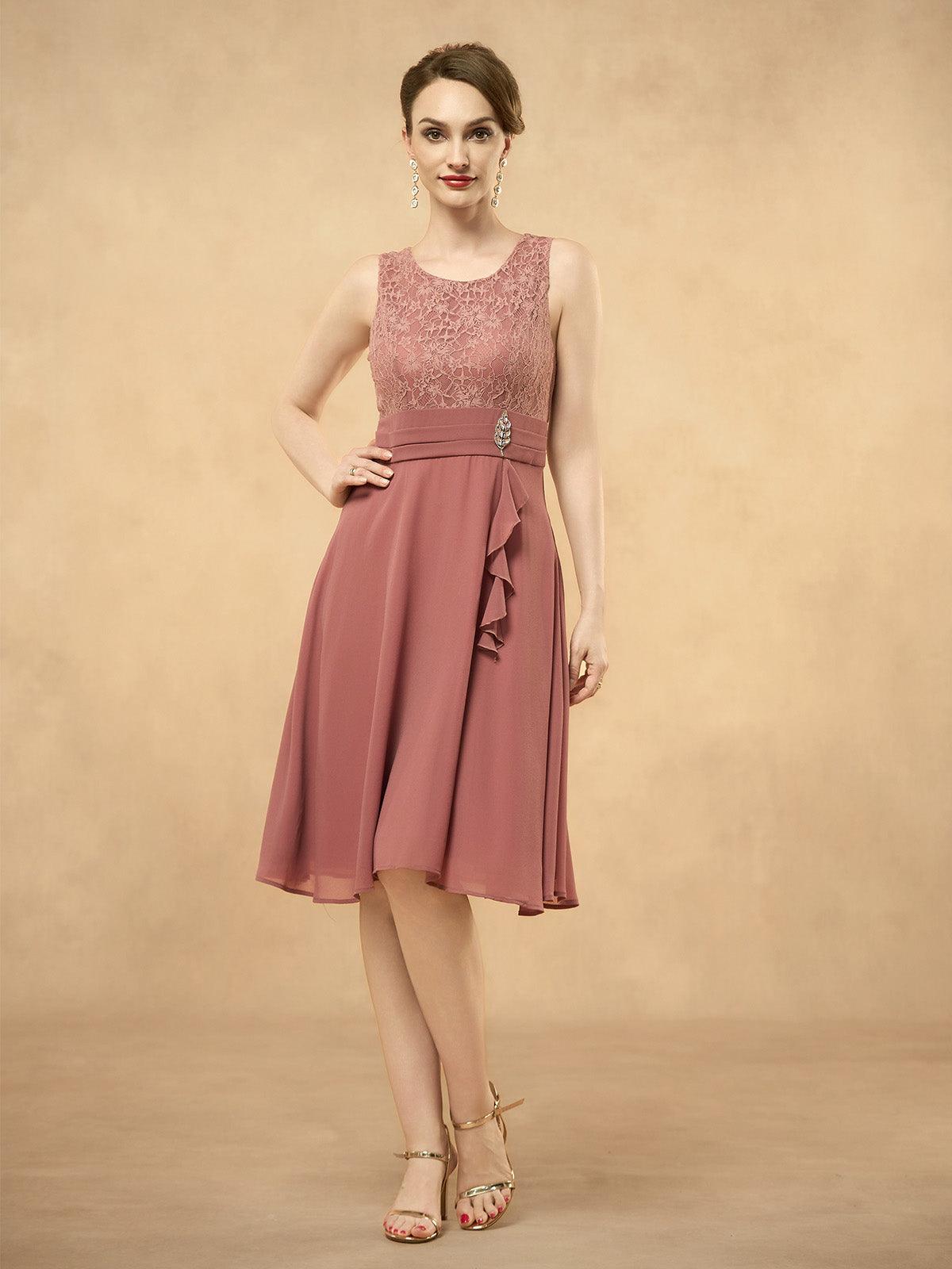 Gray Pink Lace Patchwork Chiffon Midi Dress