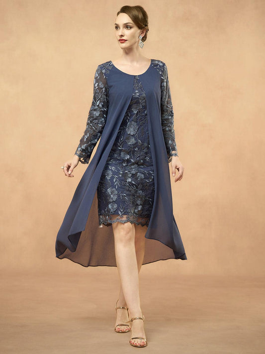 Blue Lace Chiffon Party Dress
