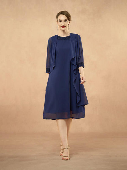 Marineblaues zweiteiliges Chiffon-Kleid-Set mit Pailletten und Strickjacke