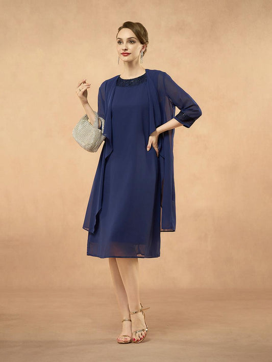 Navy Blue Sequin Chiffon Two-Piece Dress Set with Cardigan