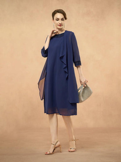 Marineblaues zweiteiliges Chiffon-Kleid-Set mit Pailletten und Strickjacke