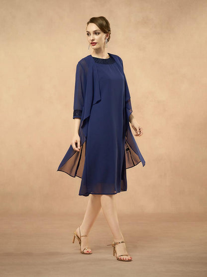 Marineblaues zweiteiliges Chiffon-Kleid-Set mit Pailletten und Strickjacke