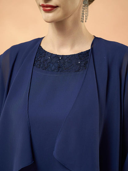 Marineblaues zweiteiliges Chiffon-Kleid-Set mit Pailletten und Strickjacke