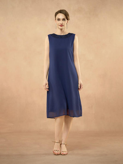 Marineblaues zweiteiliges Chiffon-Kleid-Set mit Pailletten und Strickjacke