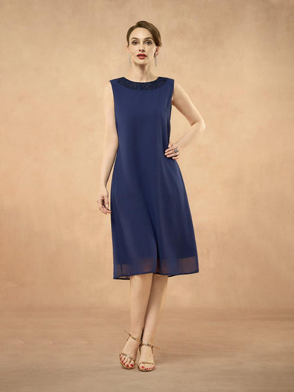 Marineblaues zweiteiliges Chiffon-Kleid-Set mit Pailletten und Strickjacke