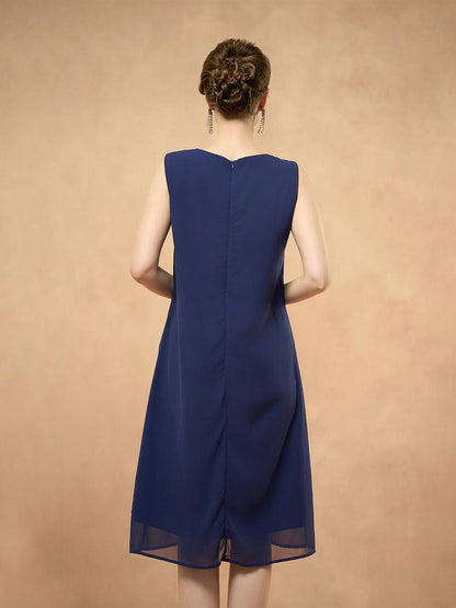 Marineblaues zweiteiliges Chiffon-Kleid-Set mit Pailletten und Strickjacke
