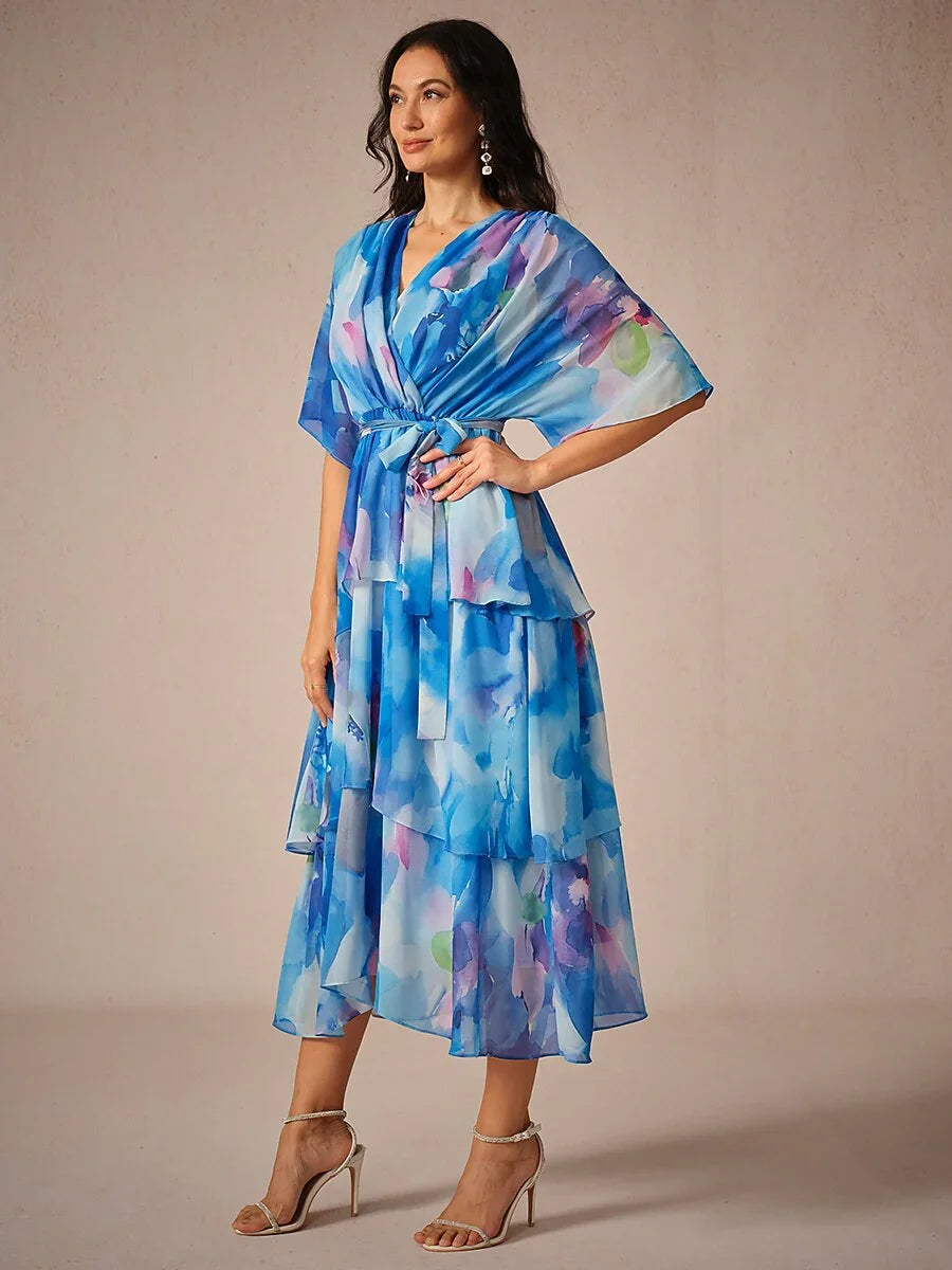 Chiffon Layered Ruffle V Neck Tye Dye Dress