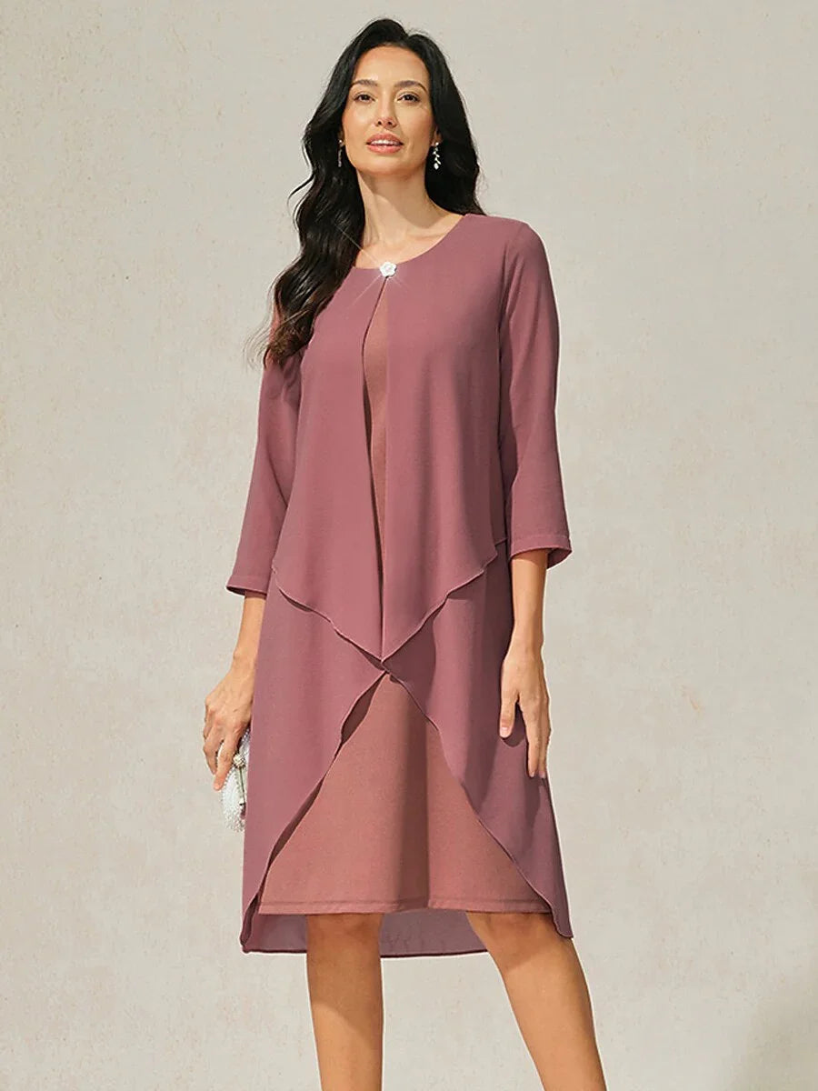 3/4 Sleeve Knee-Length Chiffon Dress with Rhinestone