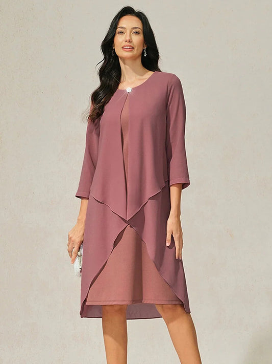 3/4 Sleeve Knee-Length Chiffon Dress with Rhinestone