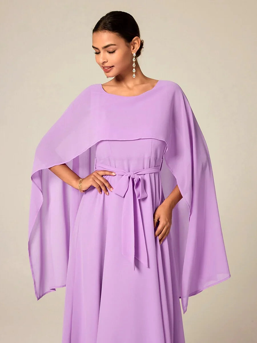 Belted Waist Purple Chiffon Maxi Dress