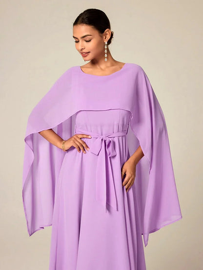 Belted Waist Purple Chiffon Maxi Dress