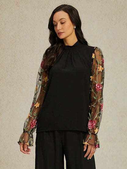 Floral Embroidery Mesh Modest Tops