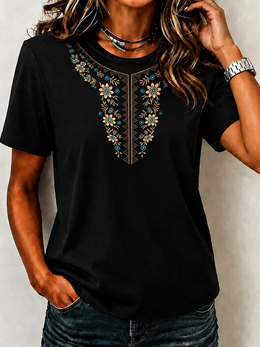 Floral Embroidered 100% Cotton Tee