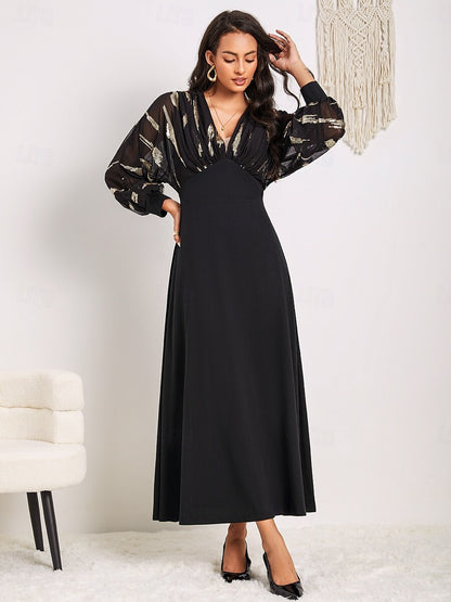Black Sequins Puff Sleeve Maxi Dress