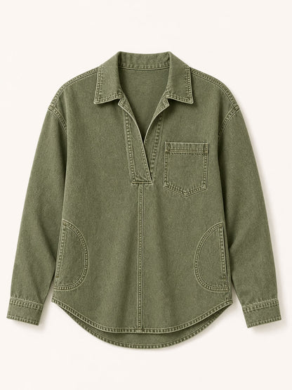Washed Denim V-Neck Hoodie