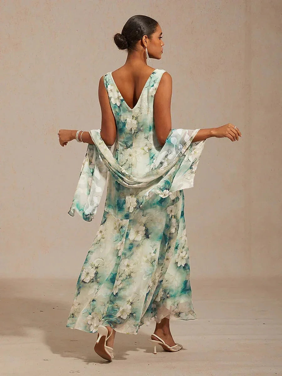 Floral Cowl Neck Tea-Length Dress with Flounce Hem