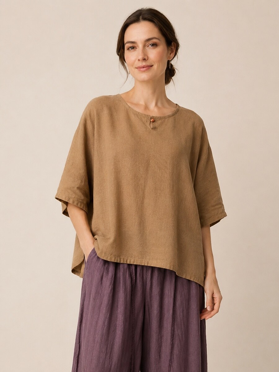 Premium Linen Crew-Neck Button Blouse