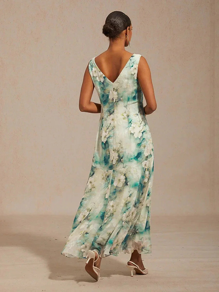 Floral Cowl Neck Tea-Length Dress with Flounce Hem
