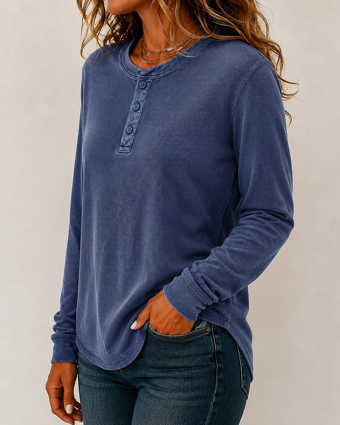 Washed 100%Cotton Waffle Henley Tops
