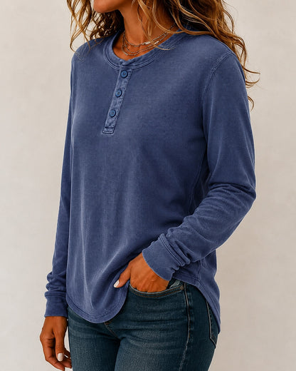 Washed 100%Cotton Waffle Henley Tops