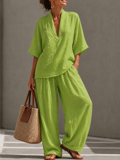 Cotton Linen Sets Half Sleeve V Neck