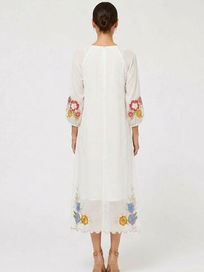 Embroidered 100% Cotton Midi Dress