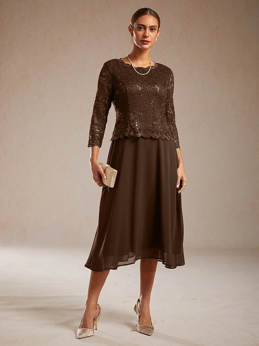 Robe élégante en dentelle et chiffon longueur thé