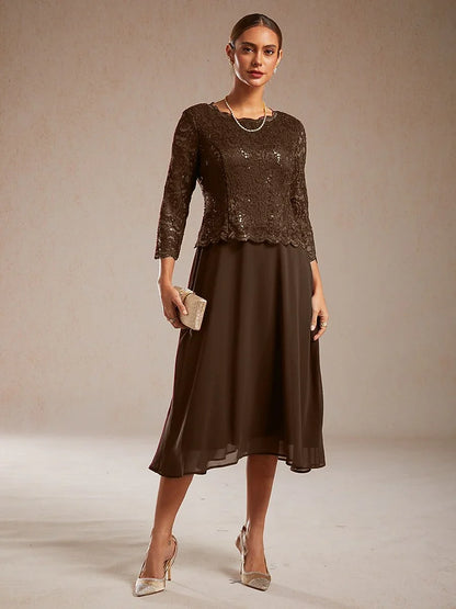 Robe élégante en dentelle et chiffon longueur thé