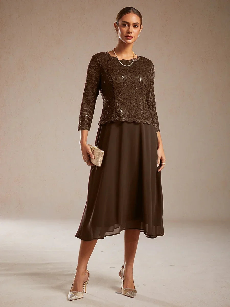 Robe élégante en dentelle et chiffon longueur thé