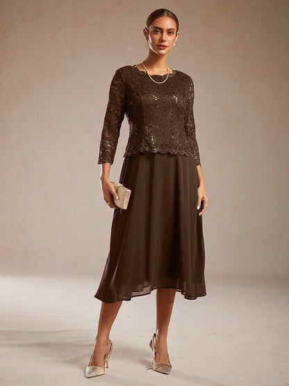 Robe élégante en dentelle et chiffon longueur thé