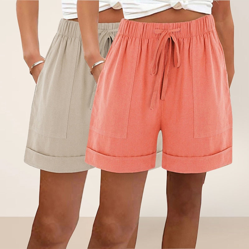 Women's 2pcs Cotton Linen Beach Shorts