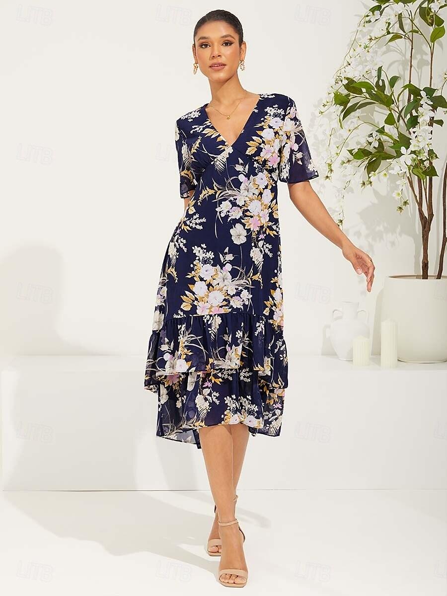 Chiffon-Midikleid mit Blumenmuster, V-Ausschnitt und Rüschen