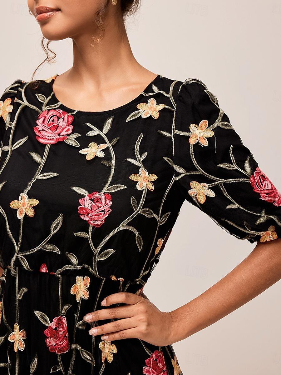 Black Floral Maxi Dress Elastic Waist Sheer Sleeves vvcloth Black Floral Maxi Dress Elastic Waist Sheer Sleeves vvcloth