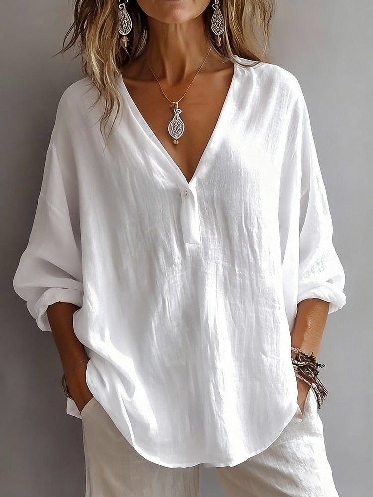 Casual Basic Cotton Linen Blouse