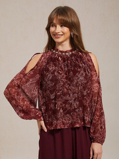 Ruffled Cold Shoulder Chiffon Blouse with Metallic Detail
