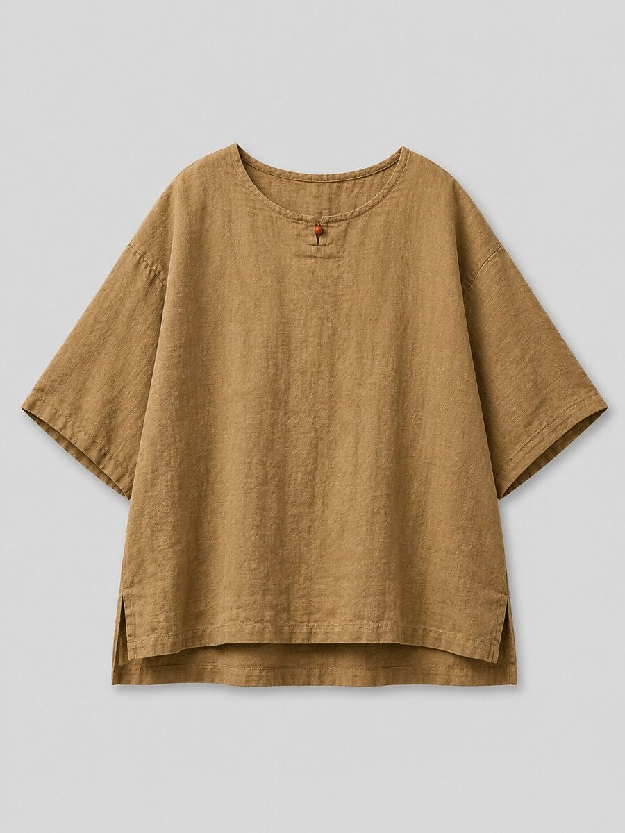 Premium Linen Crew-Neck Button Blouse