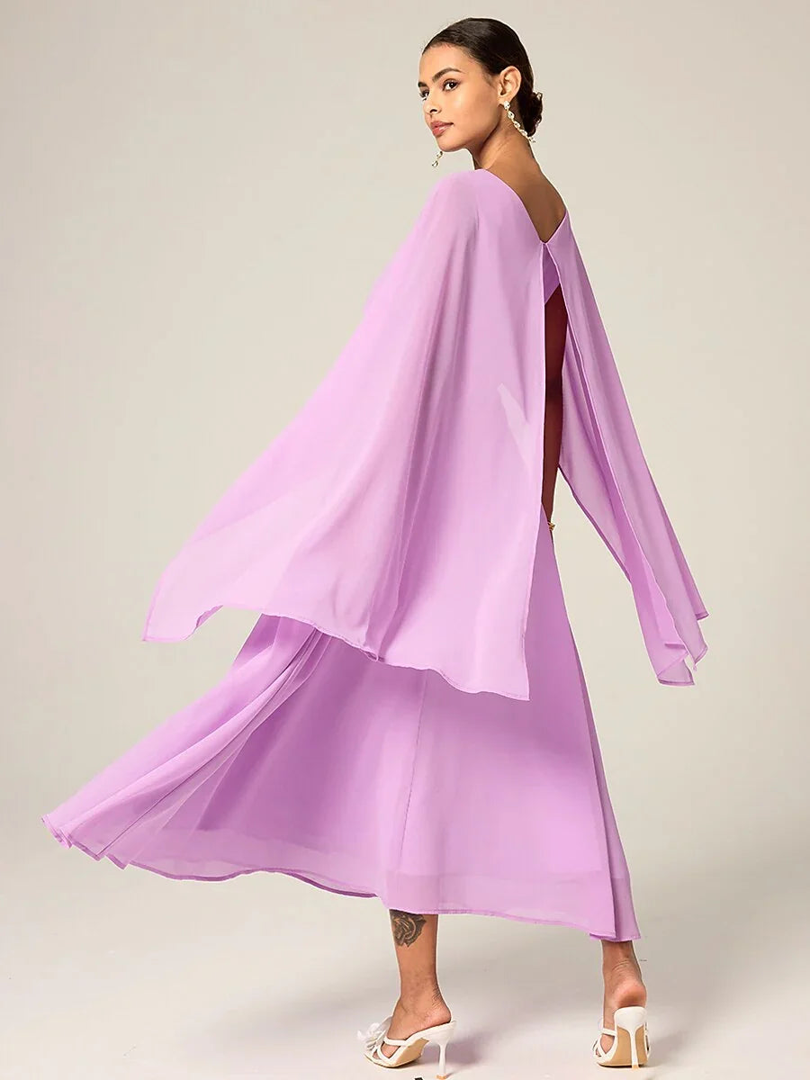 Belted Waist Purple Chiffon Maxi Dress