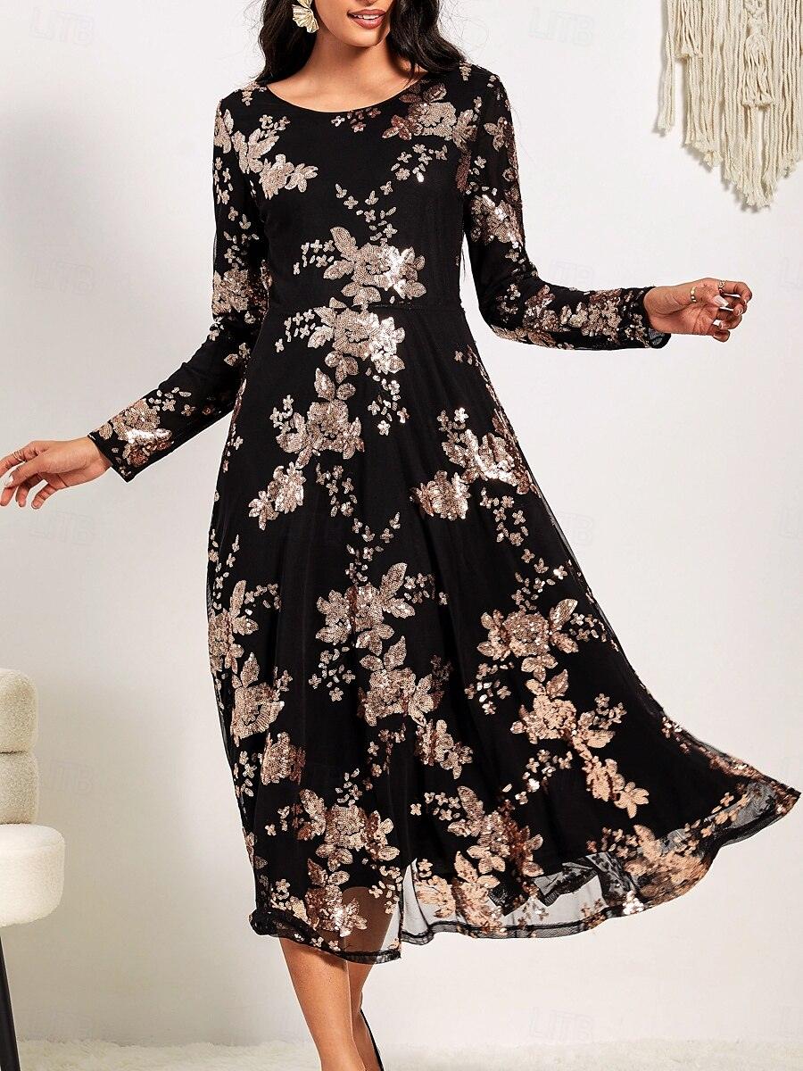 Schwarzes Maxikleid mit Rundhalsausschnitt und Spitze