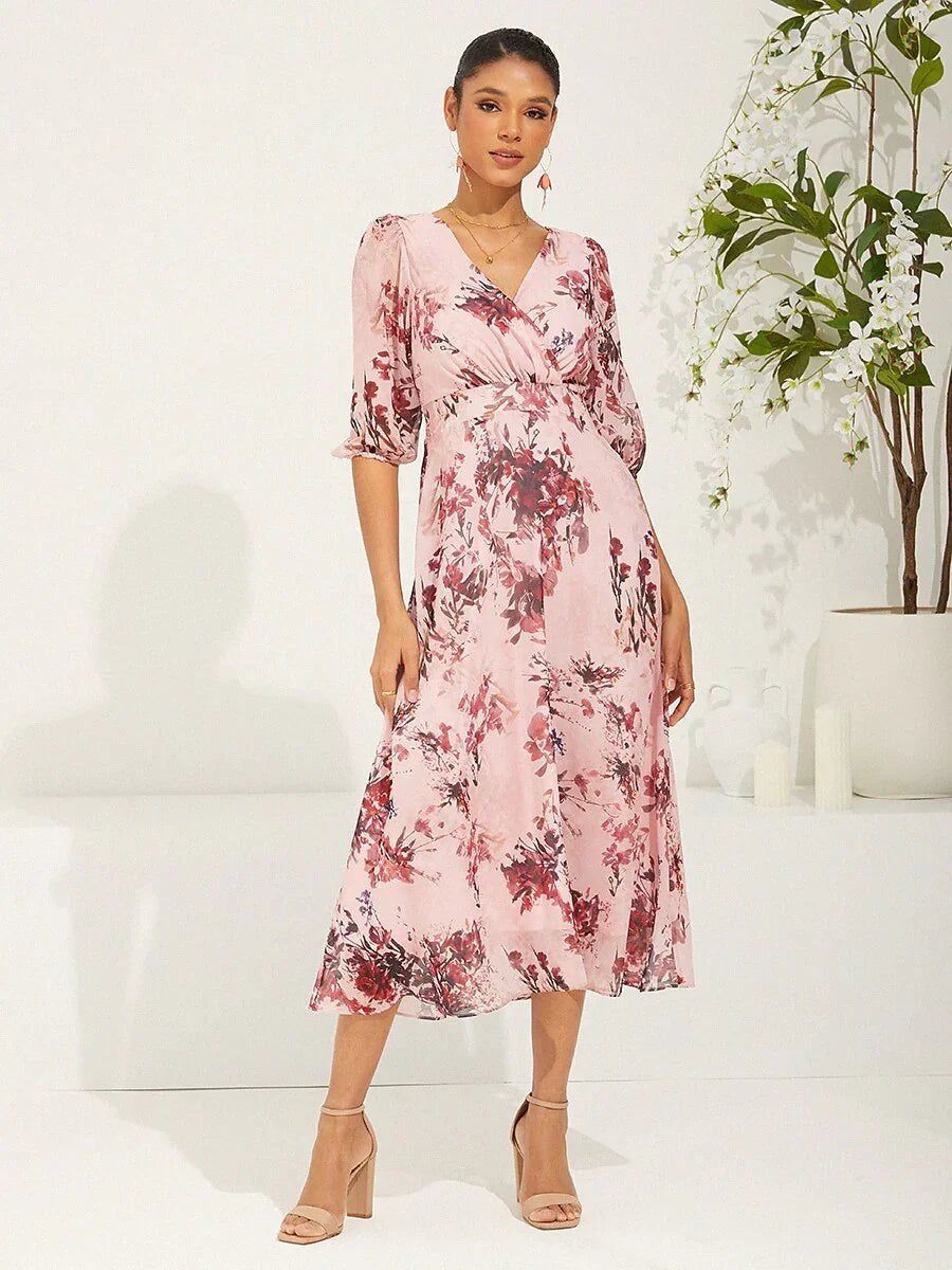 Puff Sleeve Floral Chiffon Dress