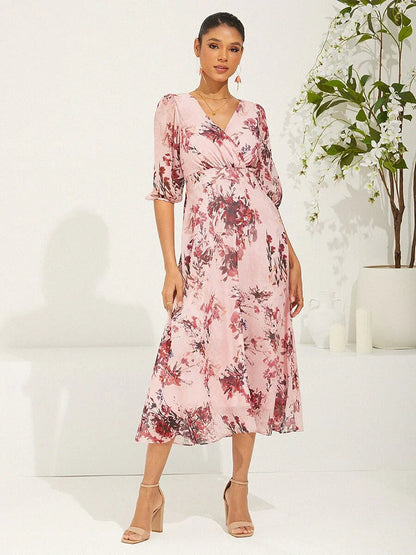 Puff Sleeve Floral Chiffon Dress