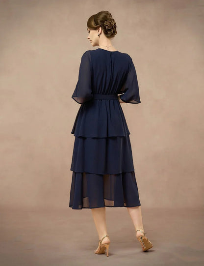 Chiffon Layered Ruffle V-Neck Dress