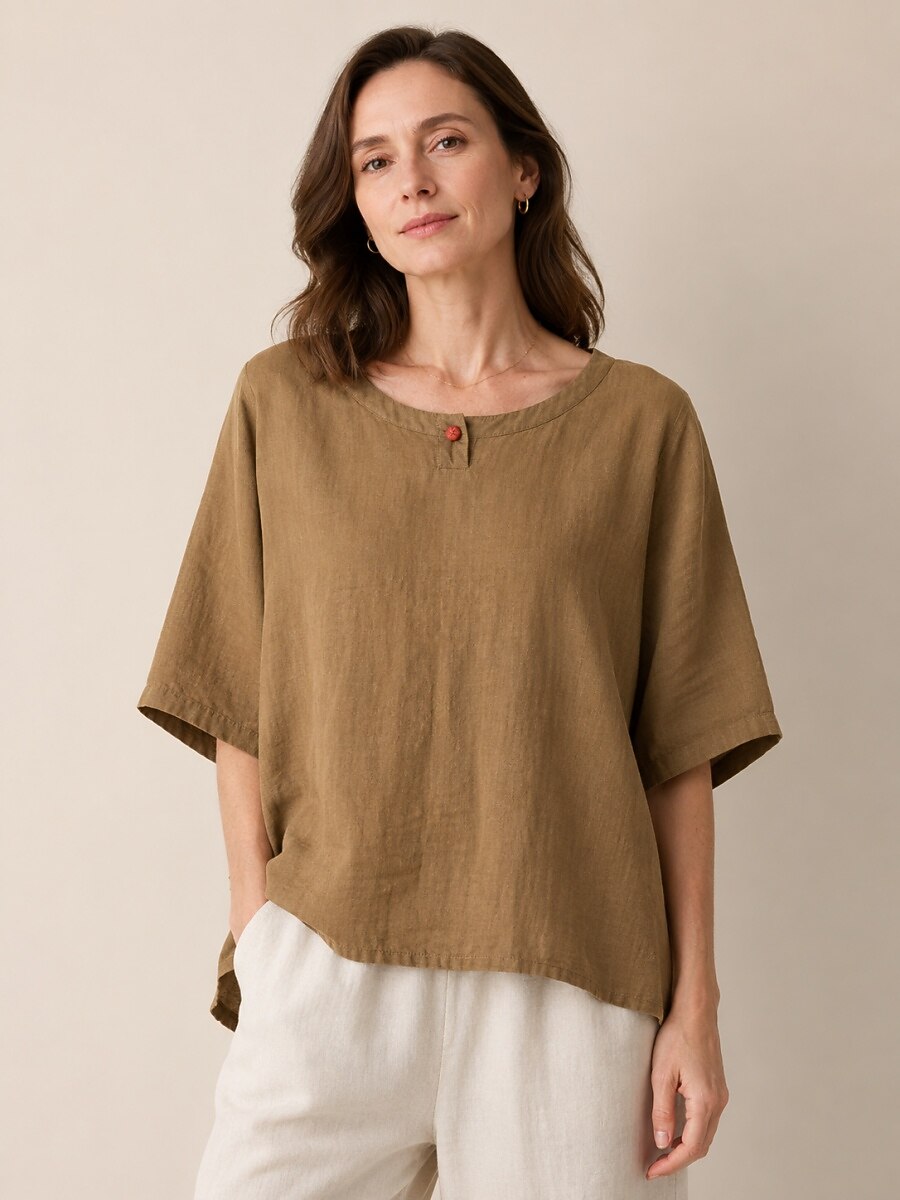 Premium Linen Crew-Neck Button Blouse
