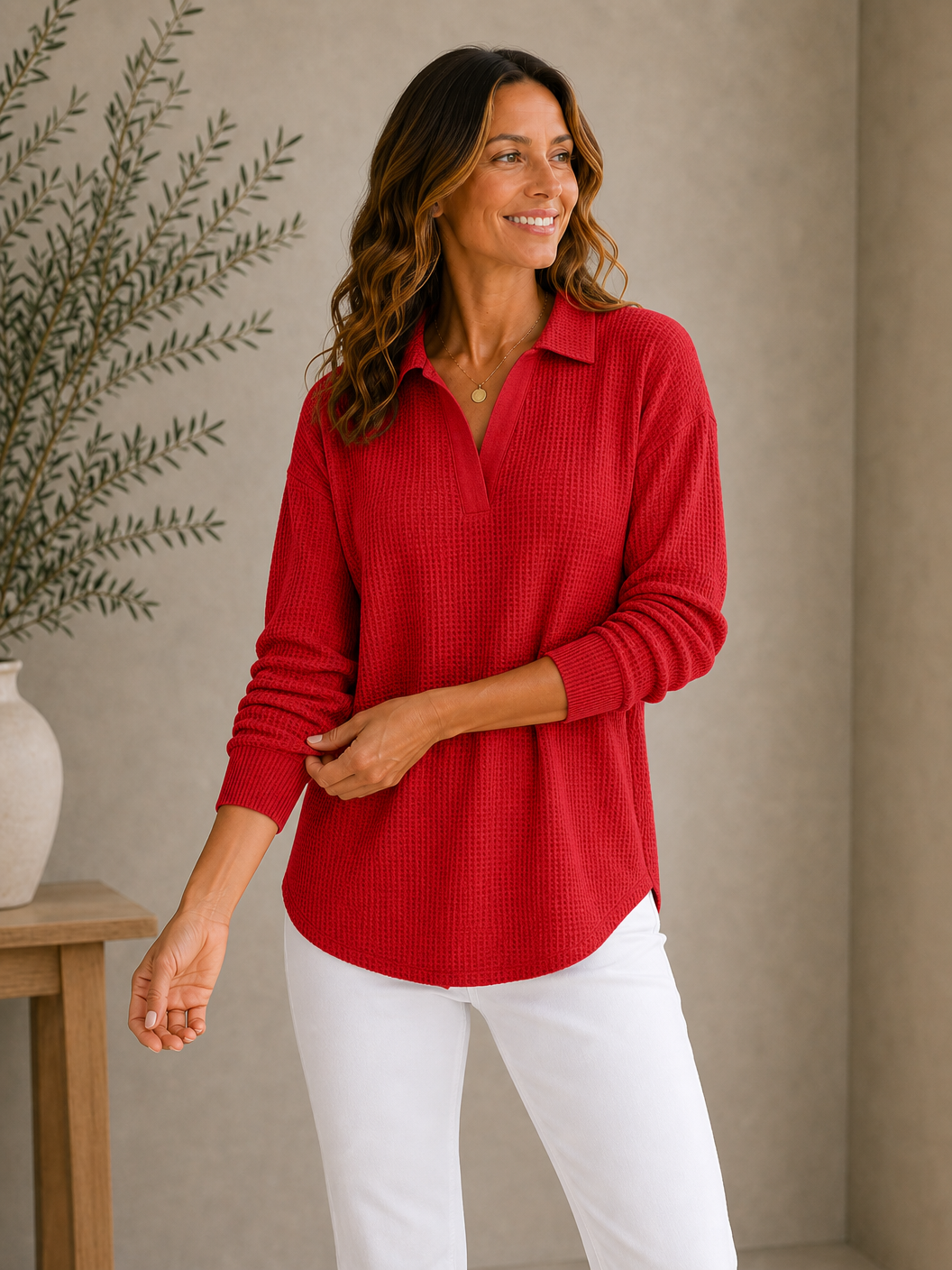 Textured Cotton Waffle Tunic Shirt
