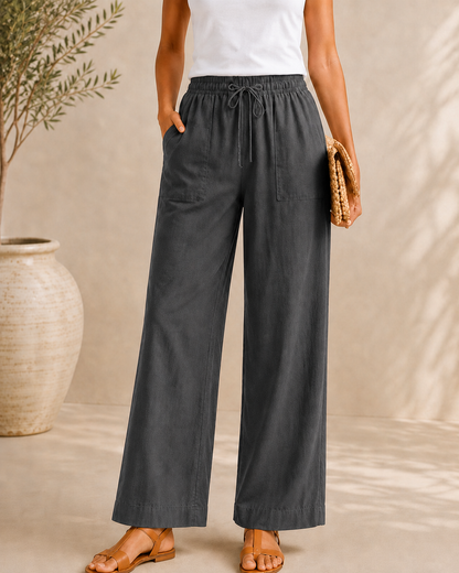 Cotton Linen Drawstring Straight-Leg Pants