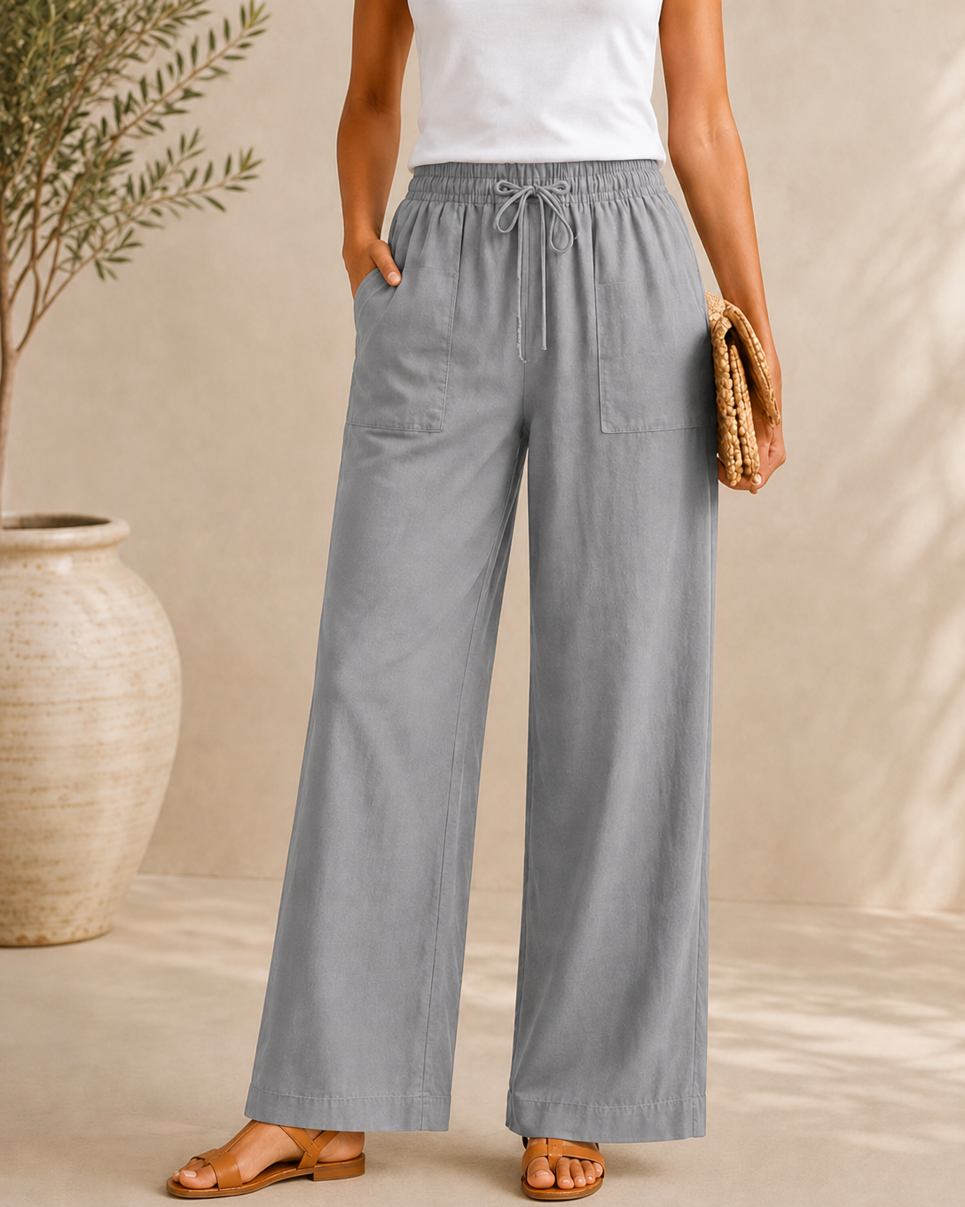 Cotton Linen Drawstring Straight-Leg Pants