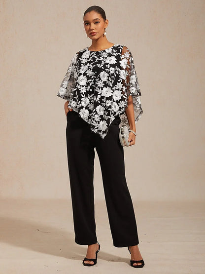 Besticktes Netzspitzentop mit Fledermausärmeln