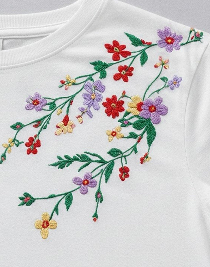 Embroidered 100% Cotton Floral Tee
