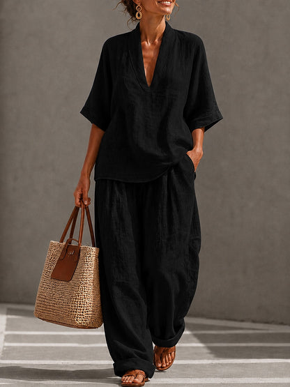 Cotton Linen Sets Half Sleeve V Neck