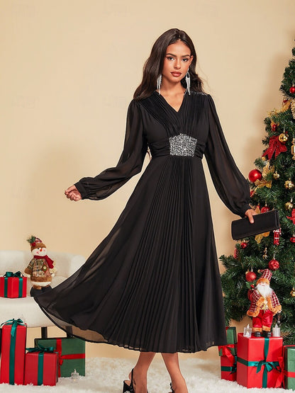 Black Ruched Pleated Maxi Dress