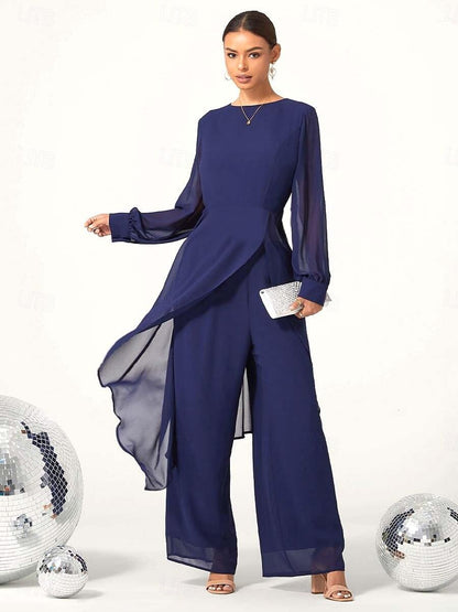 Chiffon Boat Neck Top & Wide Leg Pants Set